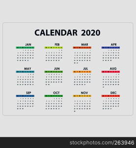 2020 Calendar Template.Calendar 2020 Set of 12 Months.Yearly calendar vector design stationery template.Vector illustration.