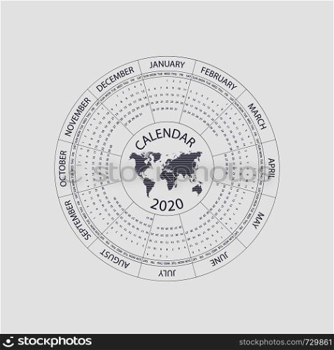 2020 Calendar Template.Circle calendar template.Calendar 2020 Set of 12 Months.Starts from Sunday.Yearly calendar vector design stationery template.Vector illustration.