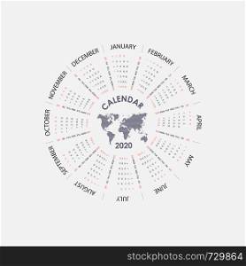 2020 Calendar Template.Circle calendar template.Calendar 2020 Set of 12 Months.Starts from Sunday.Yearly calendar vector design stationery template.Vector illustration.