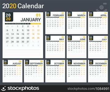 2020 Calendar template, planner, 12 pages, week starts on Monday, vector eps10 illustration. 2020 Calendar