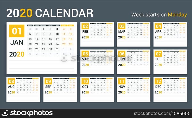 2020 Calendar template, planner, 12 pages, week starts on Monday, vector eps10 illustration. 2020 Calendar