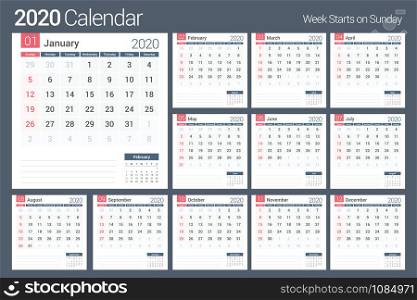 2020 Calendar template, planner, 12 pages, week starts on Sunday, vector eps10 illustration. 2020 Calendar