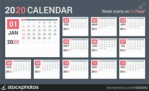 2020 Calendar template, planner, 12 pages, week starts on Sunday, vector eps10 illustration. 2020 Calendar