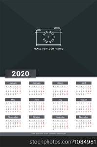 2020 Calendar template, week starts on Monday, a3 size, place for your photo, vector eps10 illustration. 2020 Calendar Template