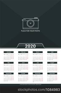 2020 Calendar template, week starts on Monday, a3 size, place for your photo, vector eps10 illustration. 2020 Calendar Template