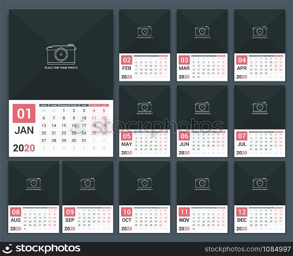 2020 Calendar template, week starts on Monday, a3 size, place for your photo, vector eps10 illustration. 2020 Calendar