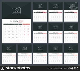 2020 Calendar template, week starts on Monday, a3 size, place for your photo, vector eps10 illustration. 2020 Calendar
