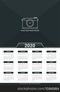2020 Calendar template, week starts on Sunday, a3 size, place for your photo, vector eps10 illustration. 2020 Calendar Template