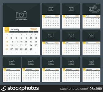 2020 Calendar template, week starts on Sunday, a3 size, place for your photo, vector eps10 illustration. 2020 Calendar