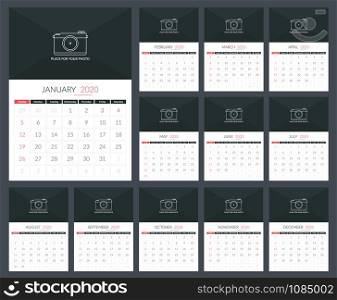 2020 Calendar template, week starts on Sunday, a3 size, place for your photo, vector eps10 illustration. 2020 Calendar
