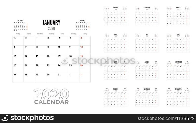 2020 Calendar to print. Calendar planner template. The week starts on Sunday. Typographic design template. 12 month set. Vector illustration
