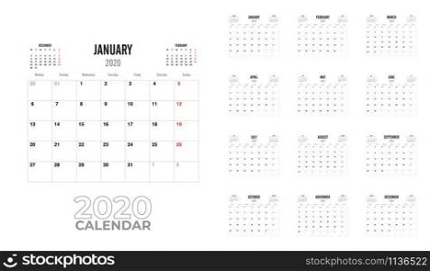 2020 Calendar to print. Calendar planner template. The week starts on Sunday. Typographic design template. 12 month set. Vector illustration