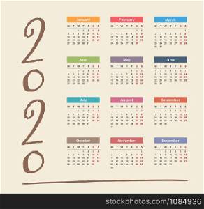 2020 Calendar, week starts on Monday, vector eps10 illustration. 2020 Calendar
