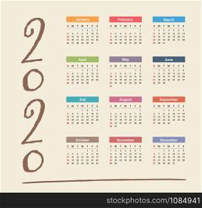 2020 Calendar, week starts on Sunday, vector eps10 illustration. 2020 Calendar