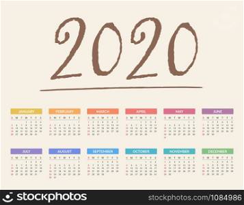2020 Calendar, week starts on Sunday, vector eps10 illustration. 2020 Calendar