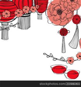 2020 Chinese New Year background with flowers and lanterns. Vector sketch illustration.. Chinese New Year background.