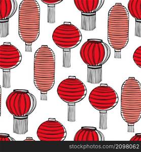 2020 Chinese New Year background with holiday red and pink lanterns. Vector seamless pattern.. Chinese New Year background with lanterns. Vector pattern.