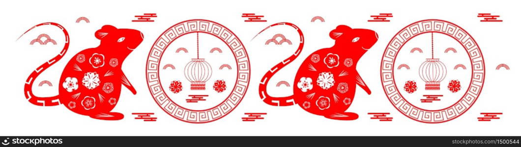 2020 Chinese New Year greeting round card with red rat silhouette, clouds, lantern, flowers on white background. Symbol of mouse flat design vector, plate, dish pattern for flyer, poster, web, app.. 2020 Chinese New Year greeting round card with red rat silhouette, clouds, lantern,