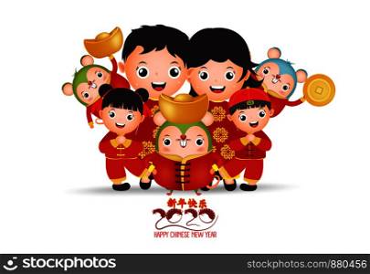 2020 Chinese new year - Year of the Rat. Set of cute cartoon rat and family in different pose isolated on white background. Translation Happy New Year