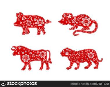 2020 Chinese Rat. Pig, tiger and ox. Lunar New Year banner design template. Red pattern. Zodiac sign. Abstract flower texture. Mouse silhouette. Horoscope symbol