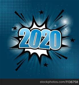 2020 comic text speech bubble on blue background, stock vector
