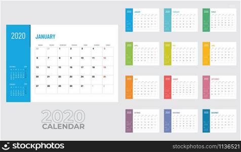 2020 desktop calendar. Calendar planner template. The week starts on Sunday. Typographic design template. 12 month set. Vector illustration