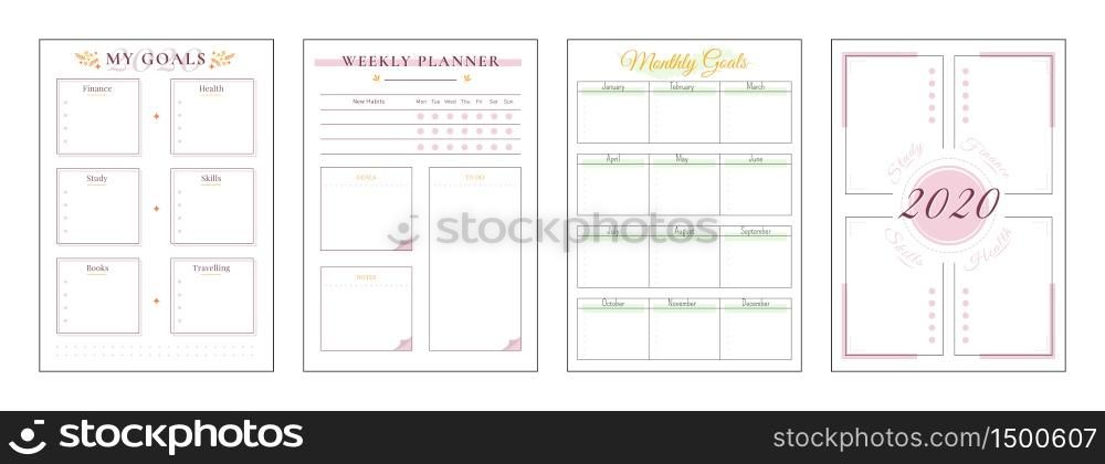 2020 goals minimalist planner page set. Spread for finance goal. Life category to write notes. Pink boxes and color accent. Monthly personal organizer printable sheet layout. Vertical insert for diary. 2020 goals minimalist planner page set