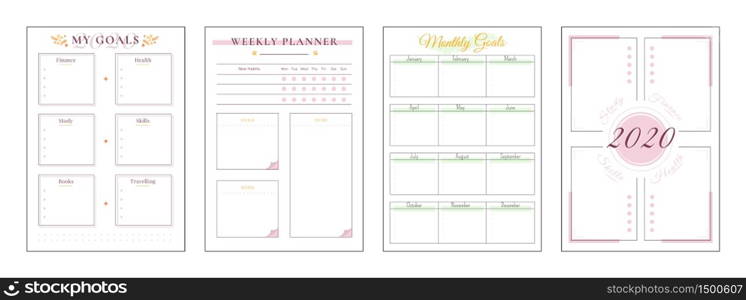 2020 goals minimalist planner page set. Spread for finance goal. Life category to write notes. Pink boxes and color accent. Monthly personal organizer printable sheet layout. Vertical insert for diary. 2020 goals minimalist planner page set