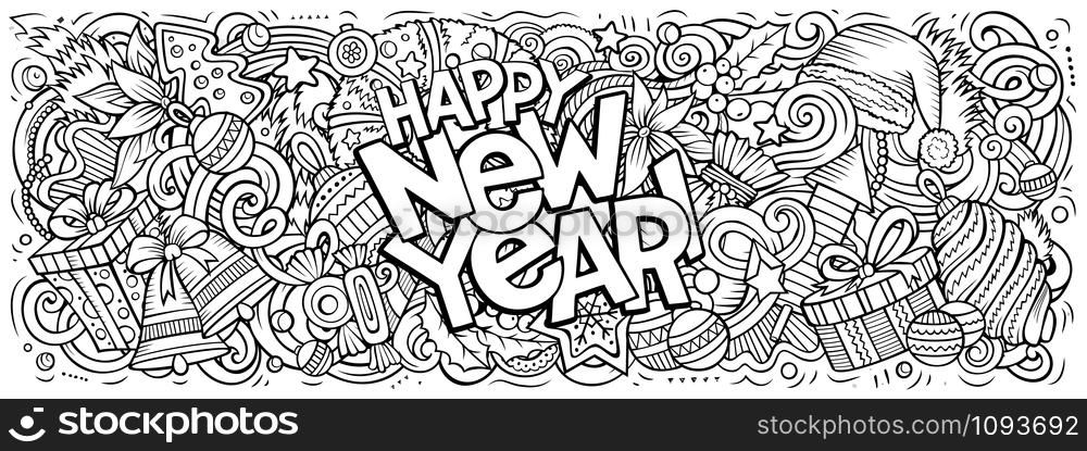 2020 hand drawn doodles horizontal illustration. New Year objects and elements poster design. Creative cartoon holidays art background. Colorful vector drawing. 2020 doodles illustration. New Year objects and elements design