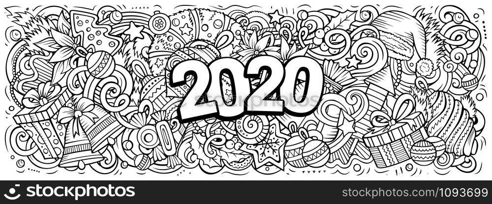 2020 hand drawn doodles horizontal illustration. New Year objects and elements poster design. Creative cartoon holidays art background. Sketchy vector drawing. 2020 hand drawn doodles illustration. New Year objects and elements design