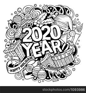 2020 hand drawn doodles illustration. New Year objects and elements poster design. Creative cartoon holidays art background. Line art vector drawing. 2020 doodles illustration. New Year objects and elements poster design