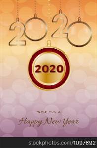 2020 Happy New Year ball on iridescent glitter festive empty background. Shiny sparkles swirling in air.