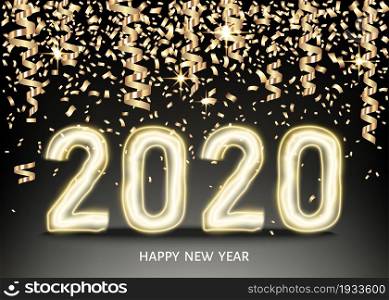 2020 happy New Year black background with glittering gold ribbon and confetti. Christmas decoration with glowing neon golden number. Vector winter holiday greeting card template.