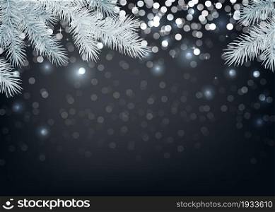 2020 happy New Year black background with glittering sparkle and silver spruce branch. Christmas decoration. Vector winter holiday greeting card template.