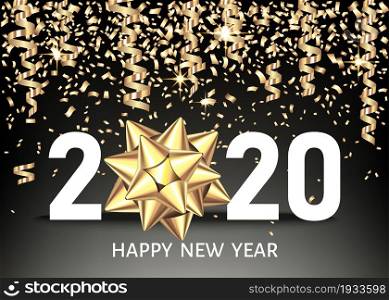 2020 happy New Year black background with golden gift bow and confetti. Christmas decoration with glowing neon number. Vector winter holiday greeting card template.