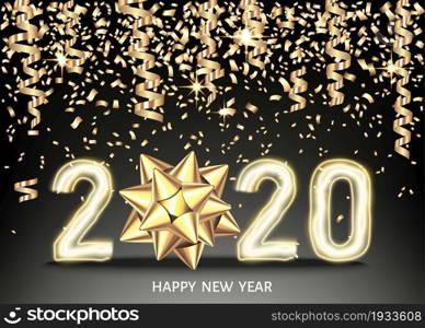 2020 happy New Year black background with golden gift bow and glittering gold confetti. Christmas decoration with glowing neon number. Vector winter holiday greeting card template.