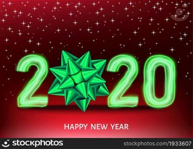 2020 happy New Year black background with golden gift bow and glittering gold spruce branch. Christmas decoration with glowing neon number. Vector winter holiday greeting card template.