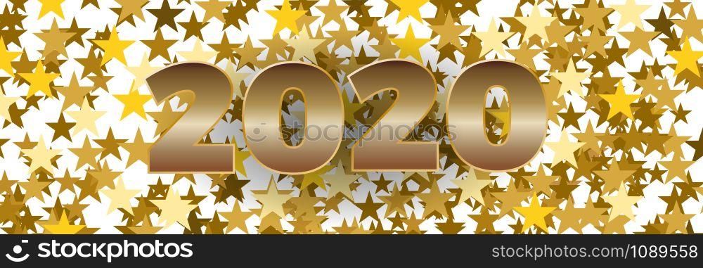 2020 Happy New Year celebrate banner card with holiday greetings and golden stars