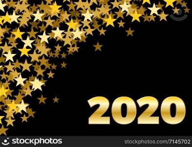 2020 Happy New Year celebrate card with holiday greetings and golden stars on black background