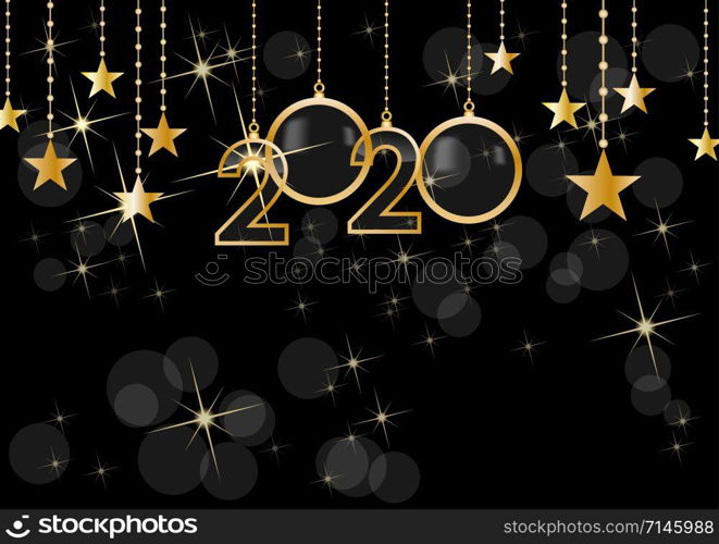 2020 Happy New Year celebrate card with holiday greetings, vector golden hanging text, black background