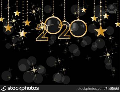 2020 Happy New Year celebrate card with holiday greetings, vector golden hanging text, black background