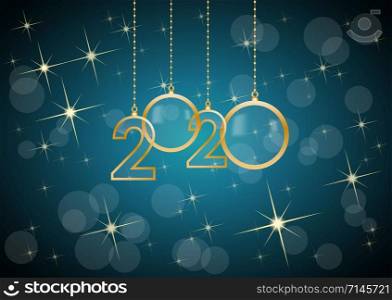 2020 Happy New Year celebrate card with holiday greetings, vector golden hanging text, blue background