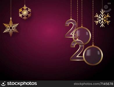 2020 Happy New Year celebrate card with holiday greetings, vector golden hanging text, purple background