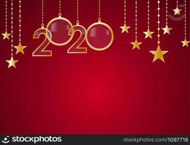 2020 Happy New Year celebrate card with holiday greetings, vector golden hanging text, red background
