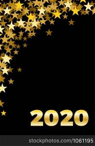2020 Happy New Year celebrate vertical card with holiday greetings and golden stars on black background