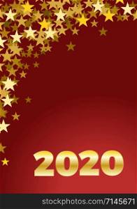 2020 Happy New Year celebrate vertical card with holiday greetings and golden stars on red background