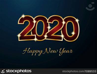 2020 Happy New Year celebration card for Christmas greetings or seasonal flyers. Vector golden text on blue background