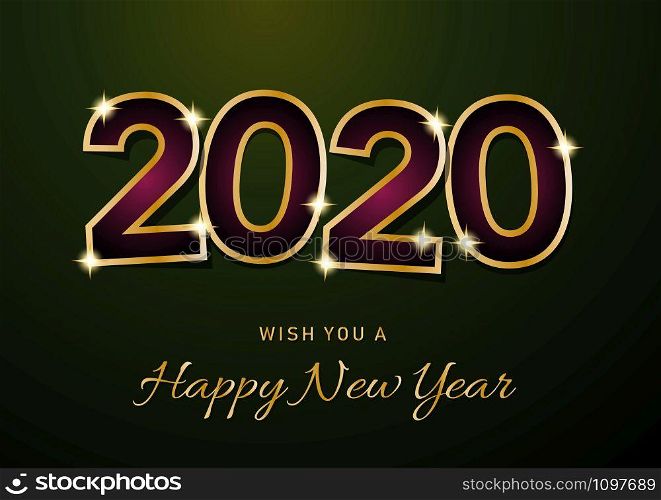 2020 Happy New Year celebration card for Christmas greetings or seasonal flyers. Vector golden text on green background