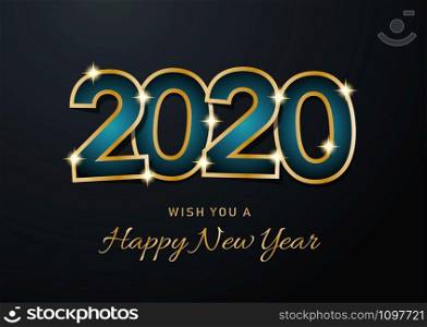 2020 Happy New Year celebration card for Christmas greetings or seasonal flyers. Vector golden text on gray background