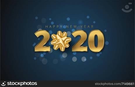 2020 happy new year greeting card with golden gift bow on blue bokeh background.